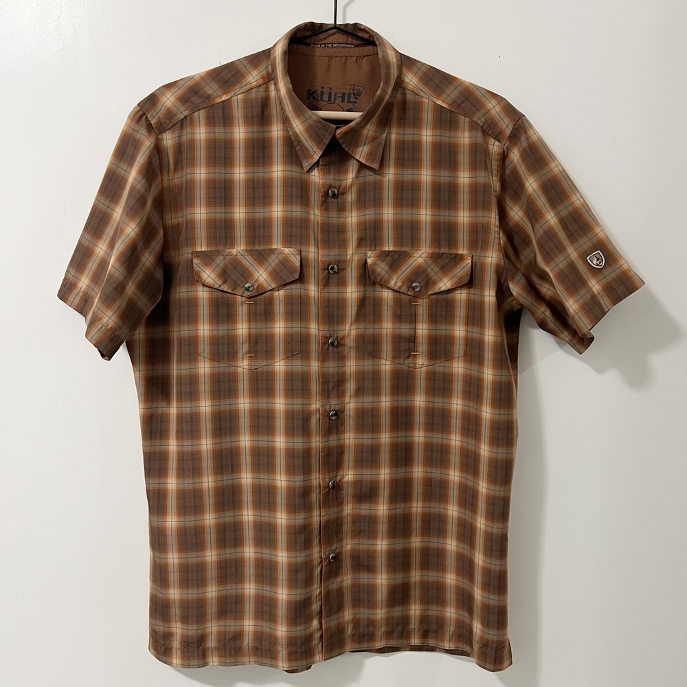 KUHL Mens Brown Plaid Short Sleeve Button Down Hiking Shirt Size Medium